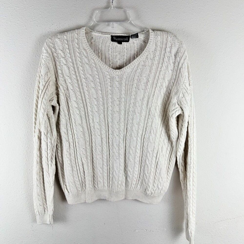Wamscoli Cable Knit V-Neck Sweater Cream White Pullover Fisherman Knit Old Money